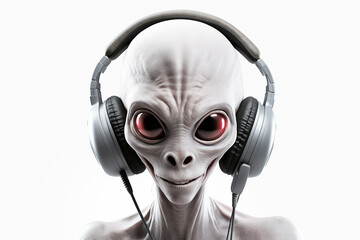 Amusing Gray Alien Cartoon Character Grooving with Headphones
