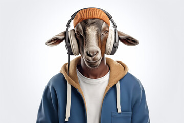 Anthropomorphic Goat Character in Sweater, Beanie, and Headphones