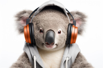 Smiling Koala with Headphones, Hooded Sweatshirt, and White Background