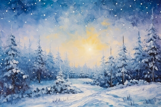 Canvas oil painting. Colorful winter night. Glittering snowfall. Artistic brushwork