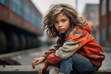 Portrait of a sad little girl on the background of a railway station