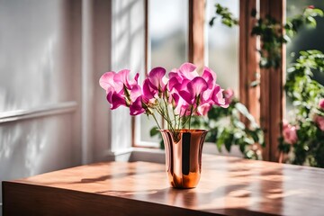 Artistic shot of a single sweet pea in a rose gold metal vase, placed near a window, minimalist design, wooden surface background