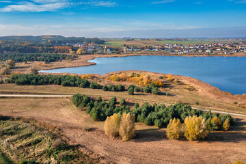 Aerial landscape of autumn lakes and forests in the Kociewie region, Poland.