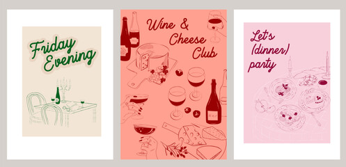 Collection of Retro posters. Friday evening dinner posters.  Food Poster template. Interior posters set. Inspiration posters. Editable vector illustration. - obrazy, fototapety, plakaty