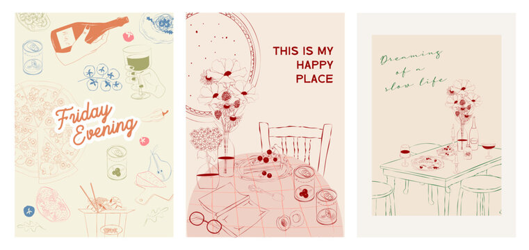 Collection of Retro posters. Friday evening dinner posters.  Food Poster template. Interior posters set. Inspiration posters. Editable vector illustration.