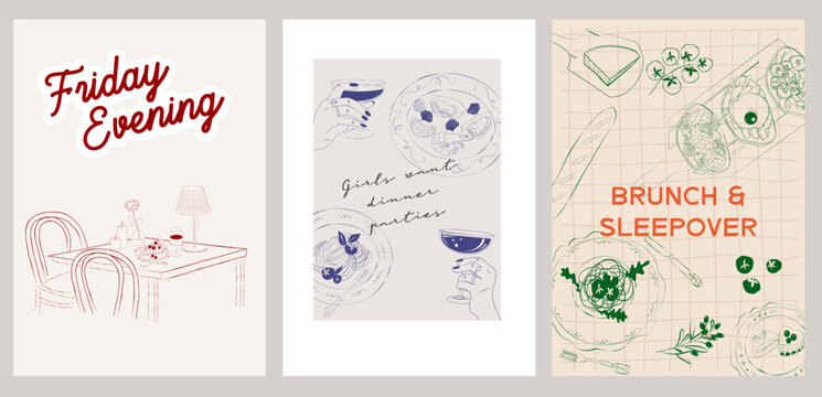 Collection of Retro posters. Friday evening dinner posters.  Food Poster template. Interior posters set. Inspiration posters. Editable vector illustration.