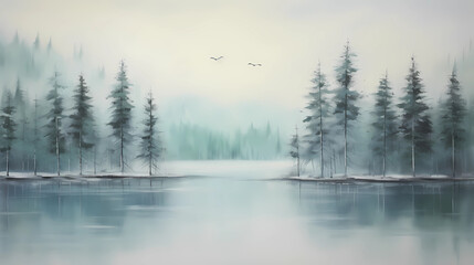 serene mist-covered lake with a forest backdrop in the early morning light