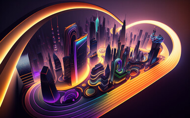 Futuristic Dubai Cityscape, Neon Lights, background with glowing lines