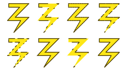 Set of yellow lightning vector illustration with various lines style, cartoon style, electric, no background.