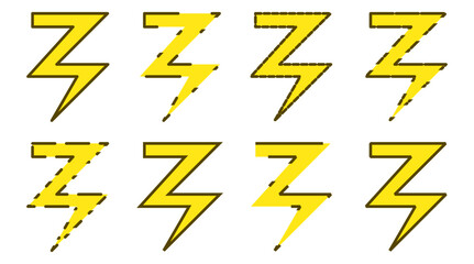 Set of yellow lightning vector illustration with various lines style, cartoon style, electric, no background.