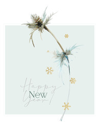 Christmas, New Year - ready-to-print card (poster) from isolated botanical silhouettes on the theme of frosty winter. The illustration is suitable for branding, discounts, invitations, congratulations