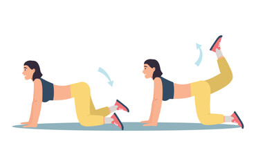 Concept Women's workout in the flat cartoon design. The girl does an exercise that relaxes the back and pumps up the legs. Vector illustration.