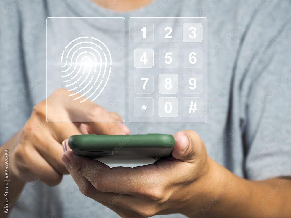 Wall mural privacy cyber security with password or fingerprint scan, accessing personal information on a smartp