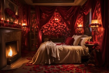 Obraz na płótnie Canvas Romantic room interior with pink curtains and red hearts. Valentine's day concept.