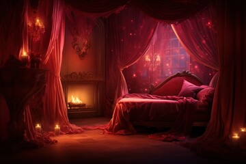 Romantic room interior with pink curtains and red hearts. Valentine's day concept.