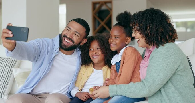 Happy family, mom or father in a selfie with kids on sofa to relax on social media together for memory. Love, smile or dad taking a fun picture or photograph with woman or children siblings in home