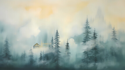 secluded house in a foggy pine forest at dawn