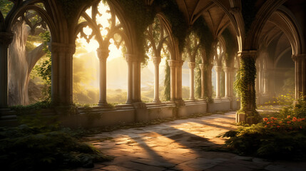a gothic cloister at sunrise with light streaming through arches
