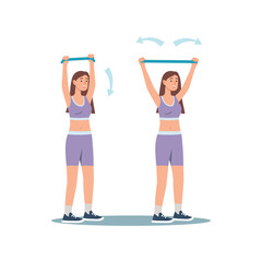Concept Women's workout in the flat cartoon design. The girl does flexibility exercises because it is important to maintain balance. Vector illustration.