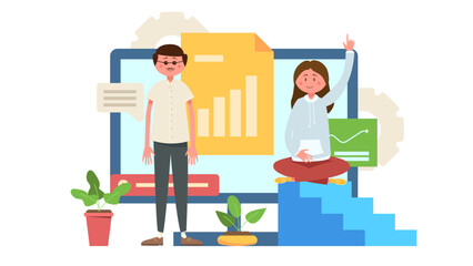 Two people are talking about business in the office