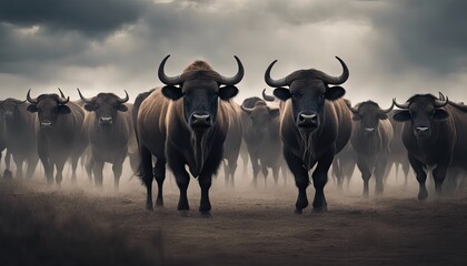 A herd of wild buffaloes standing under a stormy sky - obrazy, fototapety, plakaty