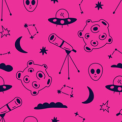 Fototapeta premium Colorful Space seamless pattern in doodle style. Vibrant hand drawn astronomy repeat vector illustration with planets, UFO, flying saucer, alien, telescope, moon and stars on purple background