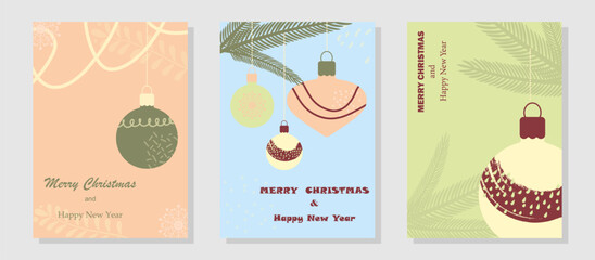  Merry Christmas and Happy New Year greeting card set. Minimal modern design for cards, banner, poster, cover, web, templates. Vector illustration