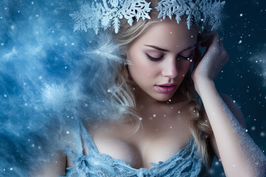 A young woman symbolizing winter, in the image of a fairytale winter fairy