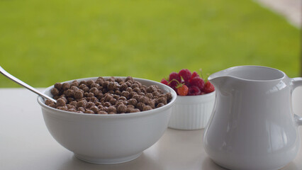 Bowl of cornflakes and raspberry