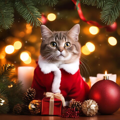 Obraz premium Gato vestido de papá Noel Santa Claus junto a un regalo adornos navideños y bajo las hojas de un árbol de navidad 