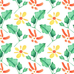 Seamless pattern of elements with spring flowers and leaves. Hand drawn watercolor illustration isolated on white background