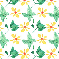 Seamless pattern of elements with spring flowers and leaves. Hand drawn watercolor illustration isolated on white background