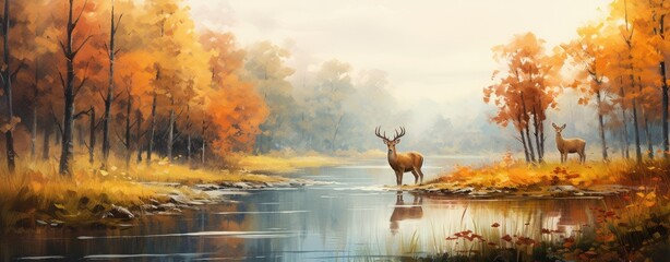 watercolor painting forest in autumn with trees and wildflowers with deer in lake a landscape for the interior art drawing.
