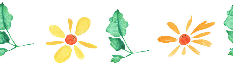 Watercolor botanic, Leaf and flower border. Seamless herbal composition for greeting card. Spring Border with leaves and flower isolated on white backgrond.