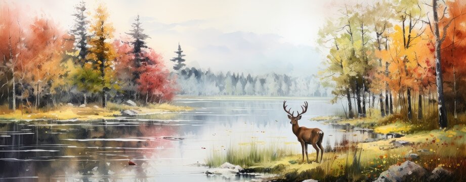 watercolor painting forest in autumn with trees and wildflowers with deer in lake a landscape for the interior art drawing.