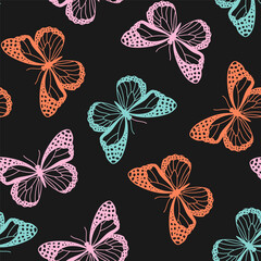 Seamless pattern with colorful butterfly and black background
