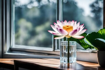 Artistic shot of a single lotus flower in a crystal vase, placed near a window, minimalist design, wooden surface background