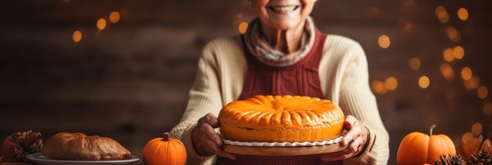 Grandmother old lady holding a pumpkin pie, copyspace, wide banner, fall autumn season. Thanksgiving holiday concept.