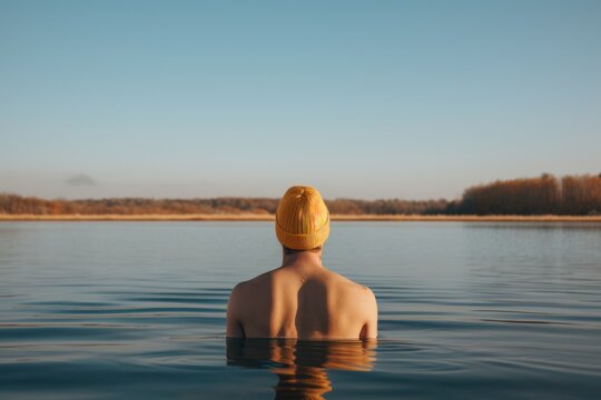 Young Man In A Hat Bathing In The Cold Water Of The Lake. Wim Hof Method, Cold Therapy, Breathing Techniques, Winter Swimming, Ice Swimming.