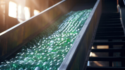 Close-up of Escalator with a pile of plastic bottles at the factory for processing and recycling. Recycling plant.