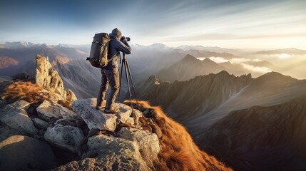 The photographer took a photo at the top of the mountain with a view of the snowy mountains - obrazy, fototapety, plakaty