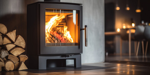 A fireplace in a modern living room - obrazy, fototapety, plakaty