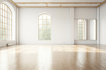 Bright dance hall with windows. Class with a bar for ballet lessons and choreography