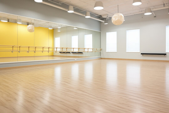 Bright dance hall with windows. Class with a bar for ballet lessons and choreography
