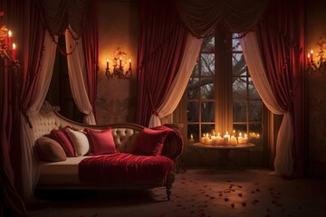 Fototapeta premium Romantic evening in the interior of a room with a red hearts. Valentine's day concept.