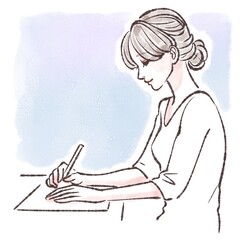 書く/勉強/塾/受験勉強/筆記試験/テスト/模試/資格/書写/仕事/ペンを持つ/手紙を書く/ノートに書く/女性・女の子のイラスト素材