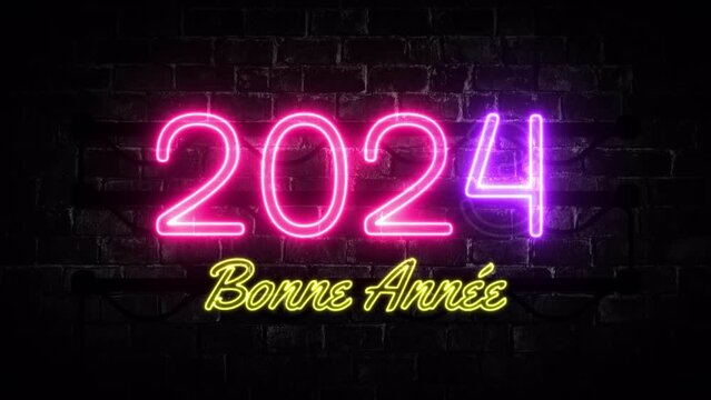 Bonne Annee 2024. Happy New Year 2024 French Greeting. Neon Letters On Brick Wall Background. Colourful And Bright Blinking Lights. Horizontal.