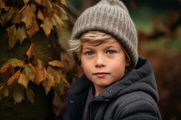 Portrait of a cute little boy in the autumn park. Selective focus.