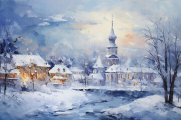 Fototapeta na wymiar Oil on canvas. Enchanting snowy town. Glowing lights and artistic brushstrokes