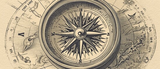 Fototapeta na wymiar vintage old Compass illustration, spiritual guidance tarot reader